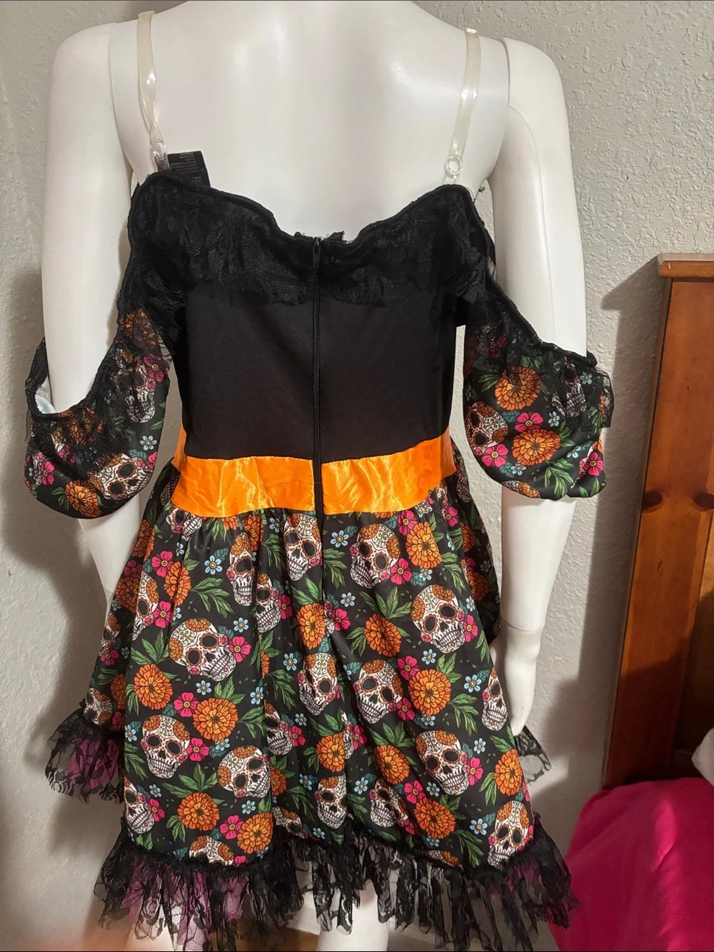 Leg Avenue Black Sugar Skull Floral Halloween Dress with Orange Accents